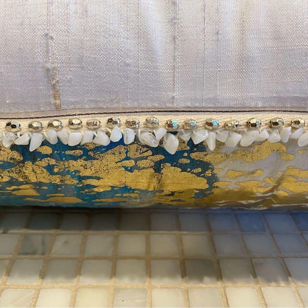 Anthropologie Silk Blue and Gold Lumbar with Stone Trim - Picture 8 of 13